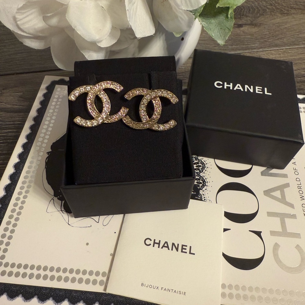 CHANEL Large Gold Crystal CC Statement Earrings